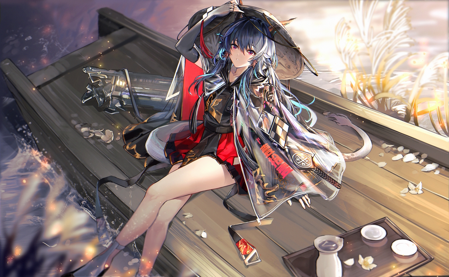 arknights, blue_hair, blush, boat, ch'en_(arknights), dress, drink, elbow_gloves, flowers, gloves, hat, hood, horns, jia_redian_ruzi_ruzi, long_hair, petals, red_eyes, sake, see_through, tail, water