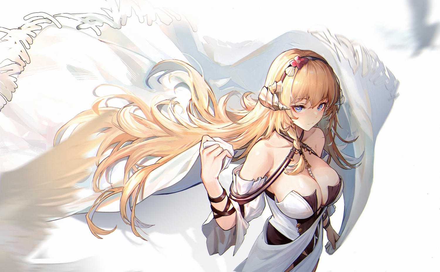 animal, arknights, bird, blonde_hair, blue_eyes, blush, braids, breasts, cleavage, headband, horns, jia_redian_ruzi_ruzi, long_hair, saileach_(arknights), wristwear