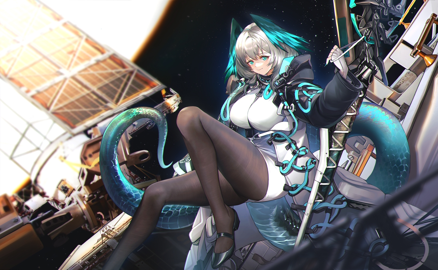aqua_eyes, arknights, breasts, dress, gloves, gray_hair, hood, ho'olheyak_(arknights)