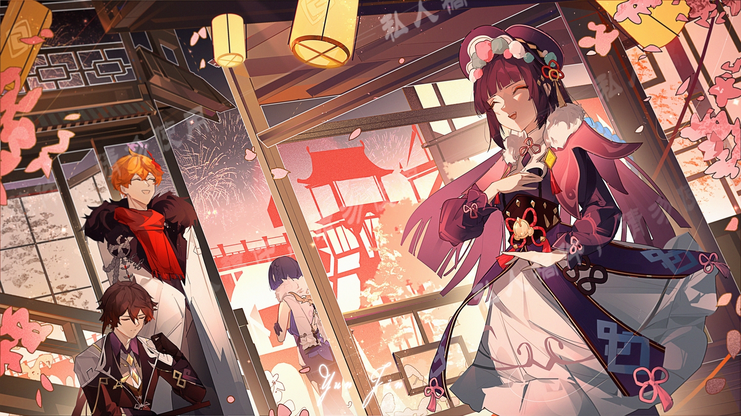 blue_hair, braids, brown_hair, dress, fireworks, genshin_impact, gloves, group