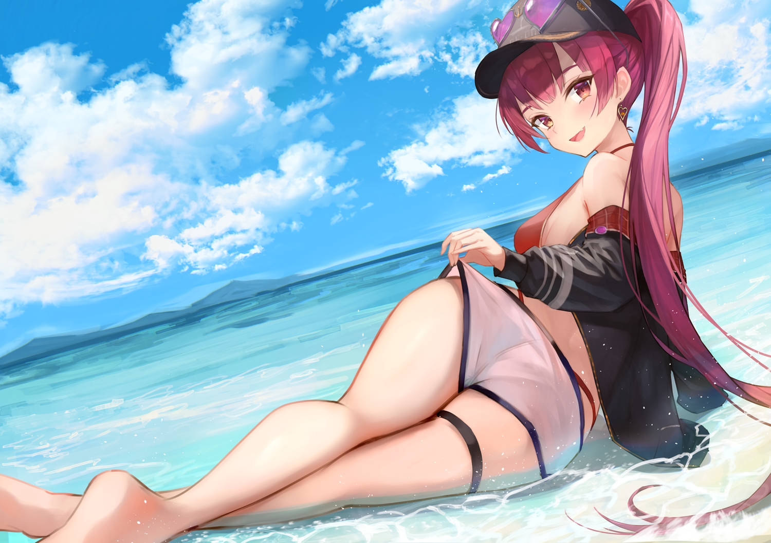 ass, barefoot, beach, bicolored_eyes, bikini, clouds, fang, garter, hat, hololive, houshou_marine, long_hair, ponytail, red_hair, shorts, sky, sunglasses, swimsuit, water, xyunx