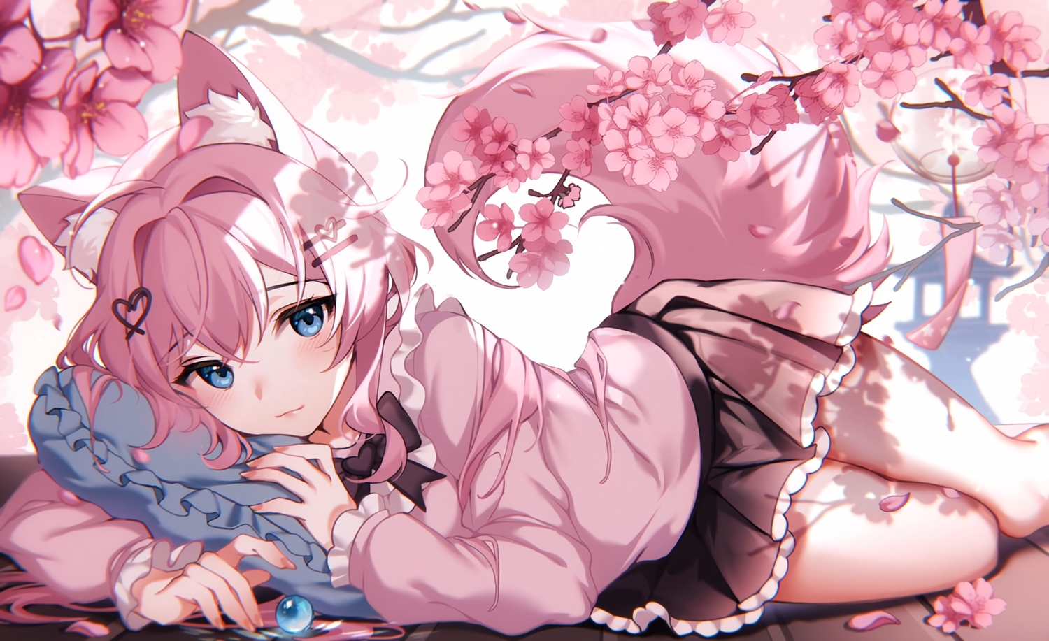 animal_ears, blue_eyes, blush, bow, cherry_blossoms, flowers, foxgirl, kiyochii, long_hair, momochiru, petals, pink_hair, shirt, skirt, tail, waifu2x