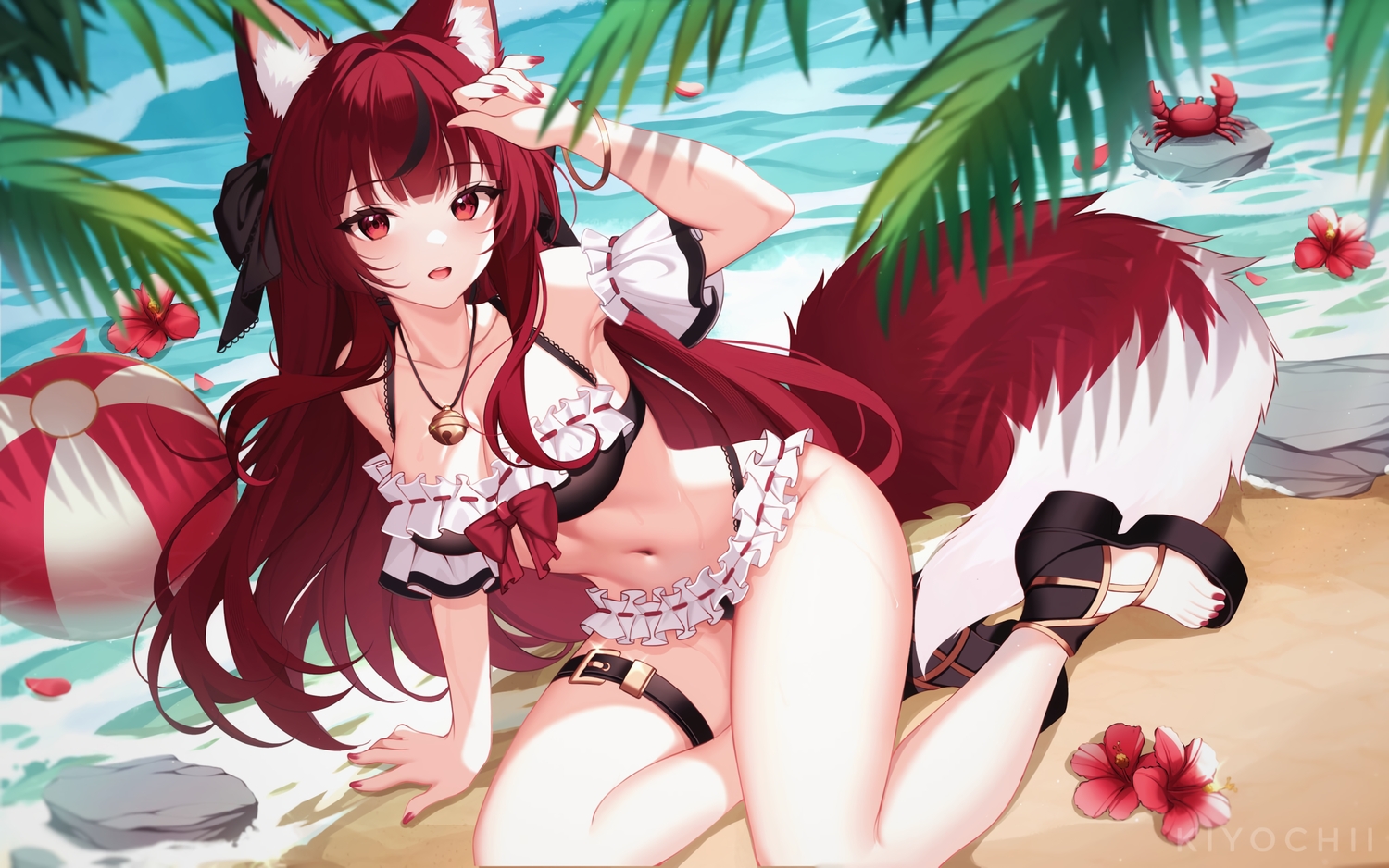 animal, animal_ears, ball, beach, bell, bikini, breasts, cleavage, crab, flowers, foxgirl, garter, kiyochii, long_hair, may_kitsune, navel, necklace, petals, red_eyes, red_hair, swimsuit, tail, water, watermark