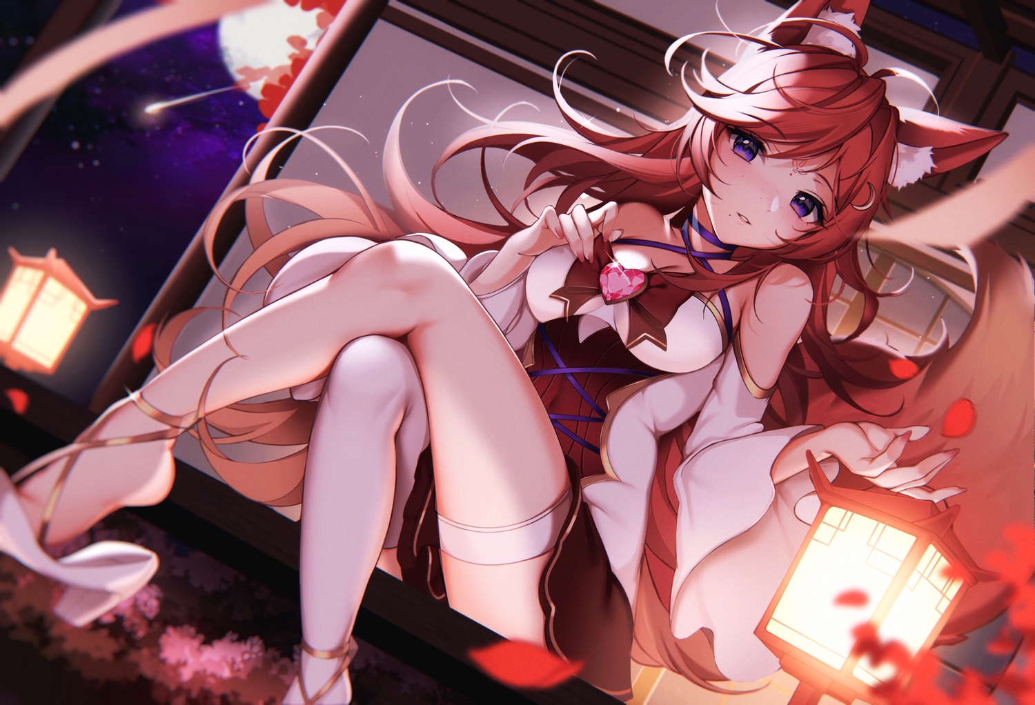 animal_ears, bow, breast_hold, breasts, choker, cleavage, dress, foxgirl