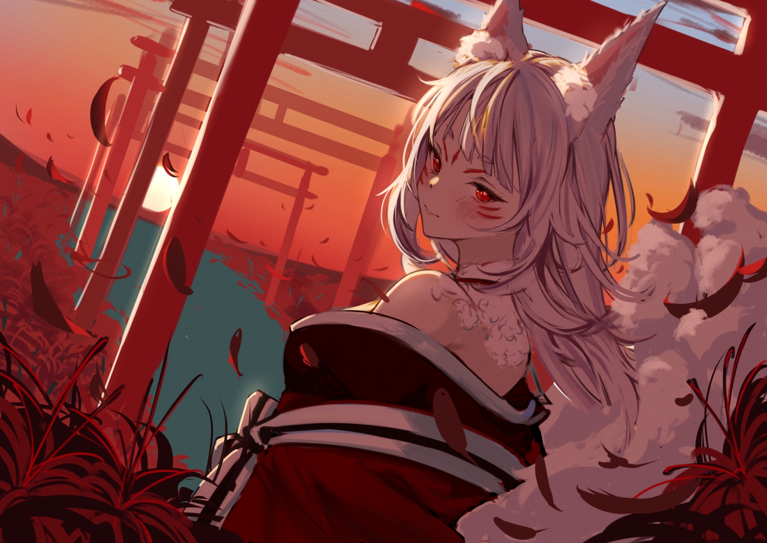 animal_ears, blush, flowers, gray_hair, japanese_clothes, kimono, leah_(134aah), long_hair, multiple_tails, nijisanji, nina_kosaka, petals, red_eyes, sky, sunset, tail, torii