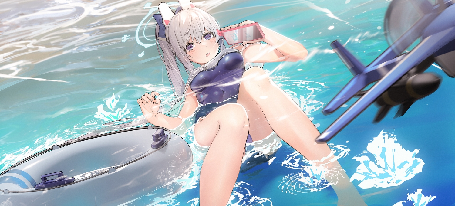 aircraft, animal_ears, blue_archive, blush, bow, bunny_ears, gray_hair, long_hair