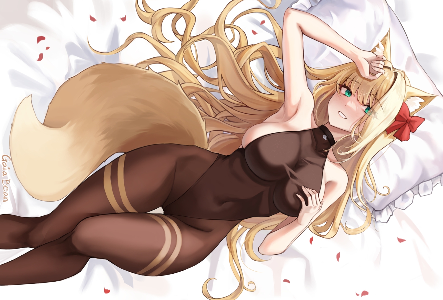 animal_ears, aqua_eyes, bed, blonde_hair, bow, breast_hold, breasts, fankey, foxgirl, green_eyes, leotard, long_hair, original, pantyhose, petals, sideboob, tail