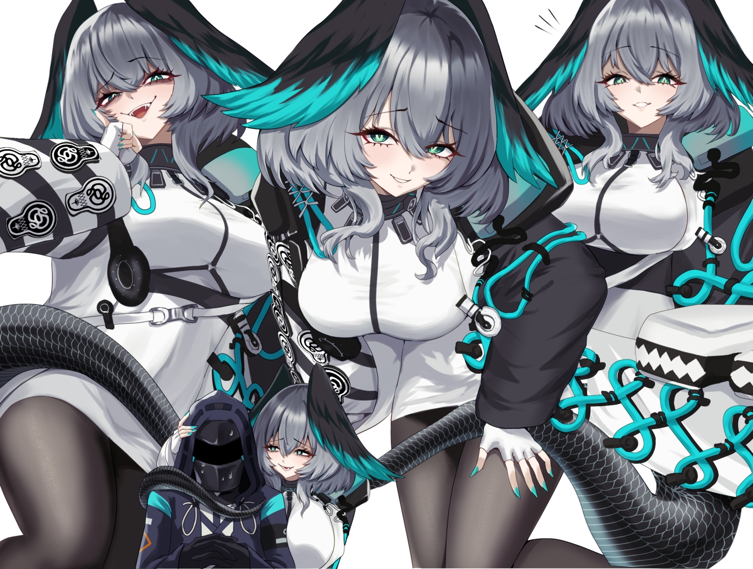 arknights, doctor_(arknights), dress, fang, gloves, gray_hair, green_eyes, hood
