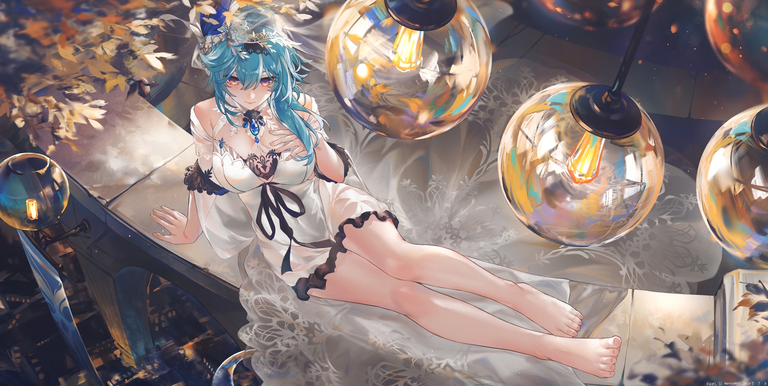aqua_hair, barefoot, breast_hold, breasts, dress, eula_lawrence, genshin_impact, purple_eyes