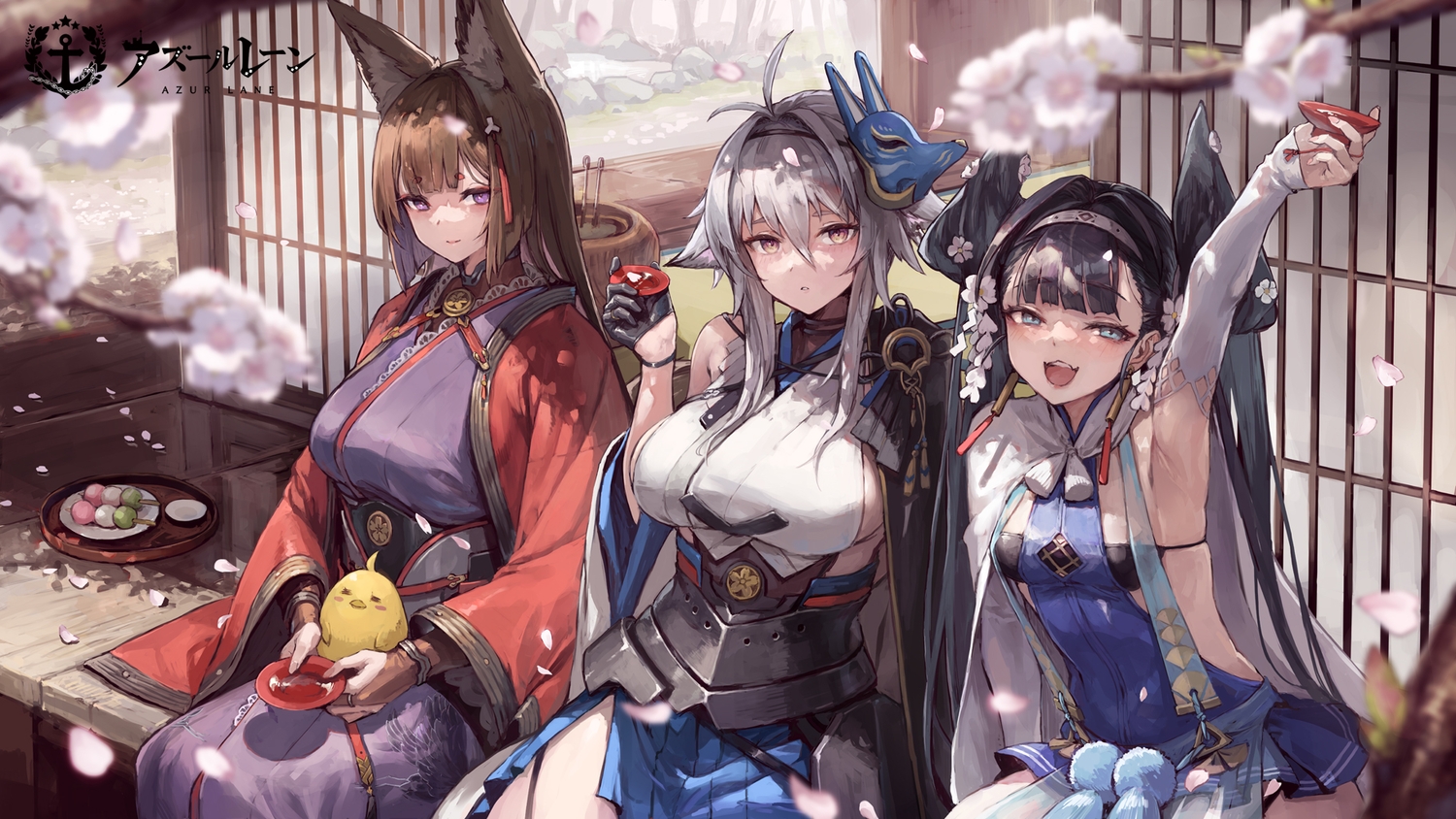 amagi_(azur_lane), animal, animal_ears, anthropomorphism, aqua_eyes, azur_lane, bird, black_hair, blush, bra, breasts, brown_eyes, brown_hair, cat_smile, cherry_blossoms, corset, drink, elbow_gloves, fang, flowers, food, foxgirl, gloves, gray_hair, headband, japanese_clothes, katsuragi_(azur_lane), kimono, logo, long_hair, manjuu_(azur_lane), mask, no_bra, petals, purple_eyes, sake, short_hair, sideboob, suzuno_(bookshelf), tosa_(azur_lane), underwear