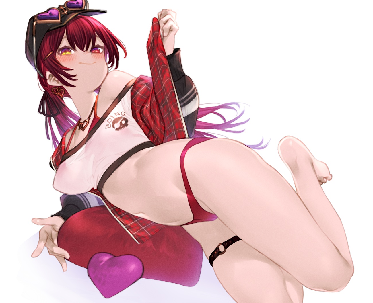 barefoot, bicolored_eyes, bikini, blush, cropped, garter, hat, hololive, houshou_marine, kochiya_(gothope), long_hair, navel, necklace, red_hair, sunglasses, swimsuit, twintails