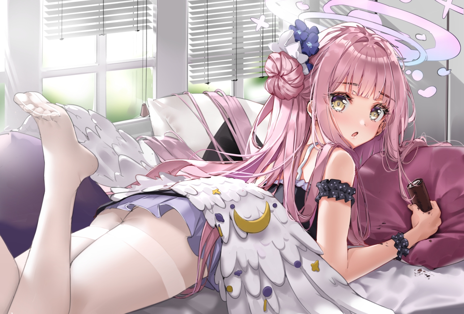 angel, ass, blue_archive, cake, dress, food, halo, long_hair, misono_mika, pantyhose, pink_hair, scup, wings, wristwear, yellow_eyes