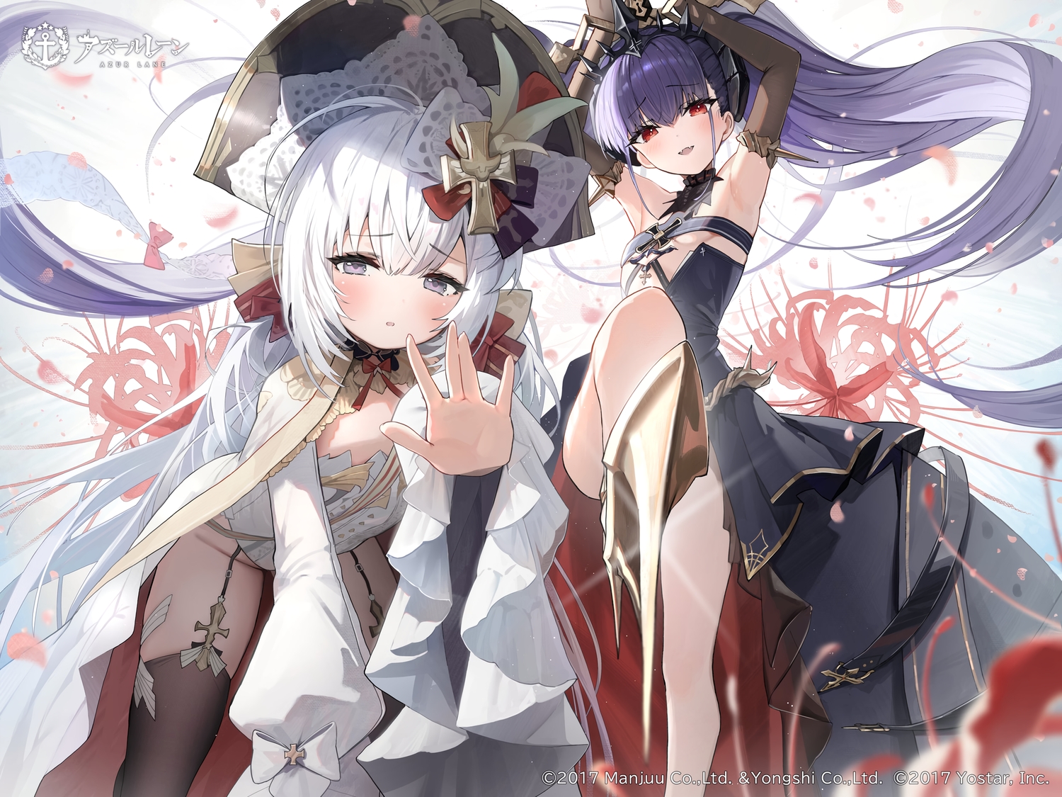 2girls, anthropomorphism, azur_lane, blush, cape, dress, elbow_gloves, fang, felix_schultz_(azur_lane), flandre_(azur_lane), flat_chest, flowers, garter_belt, gloves, gray_eyes, headdress, hidulume, horns, leotard, logo, loli, long_hair, no_bra, petals, purple_hair, red_eyes, stockings, watermark, white_hair