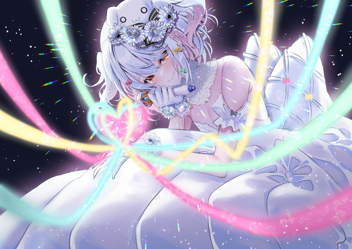 all_male, blush, bow, dress, gloves, gray_hair, headdress, heart, inuyama_tamaki, koma_(kkbodkk), male, microphone, noripro, orange_eyes, otoko_no_ko, short_hair, tears