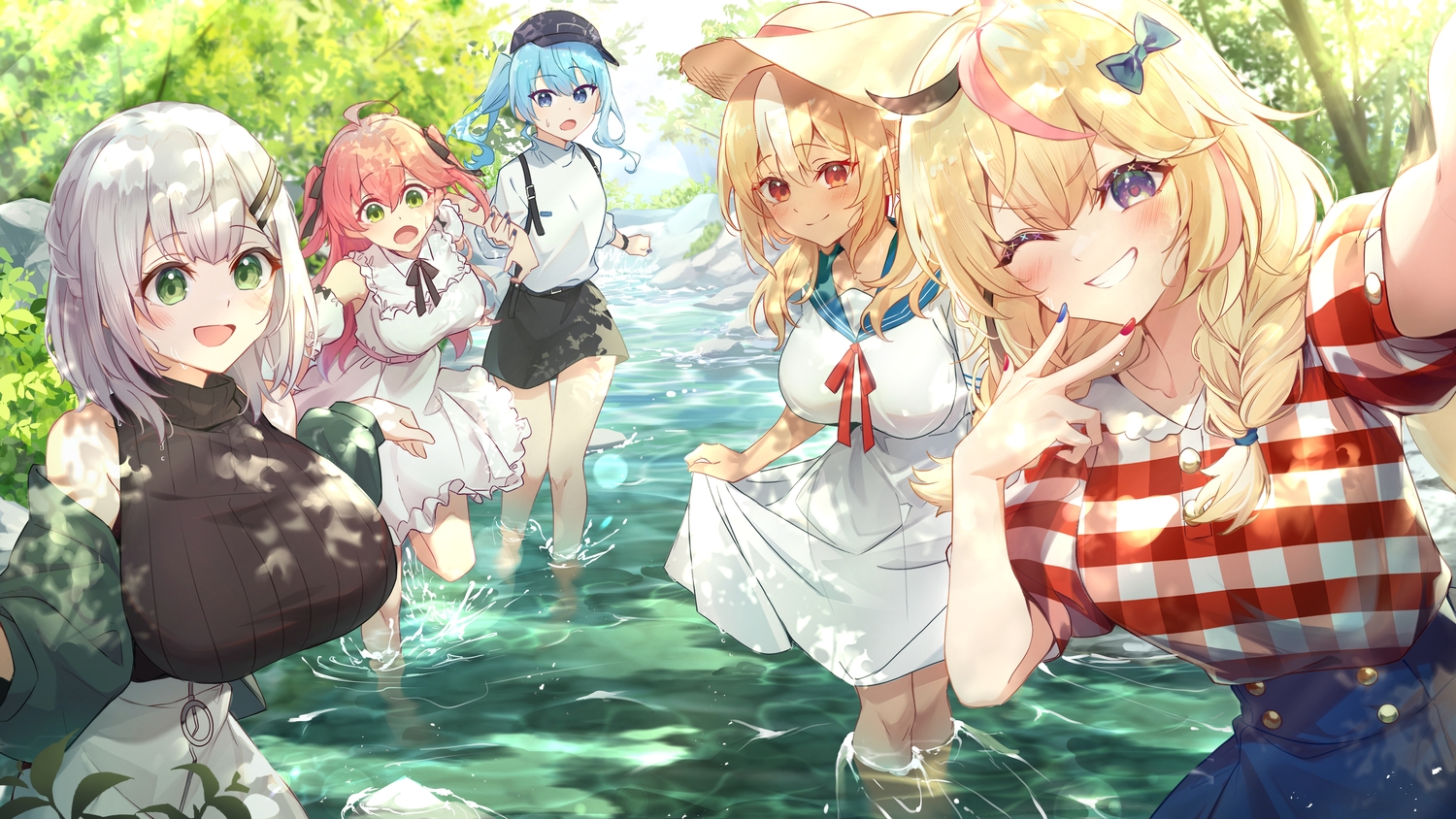 animal_ears, aqua_hair, blonde_hair, blue_eyes, blush, bow, braids, breasts