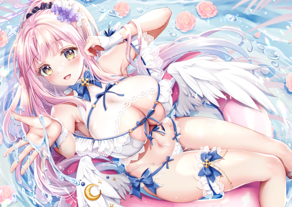angel, blue_archive, blush, bow, breasts, cleavage, flowers, garter