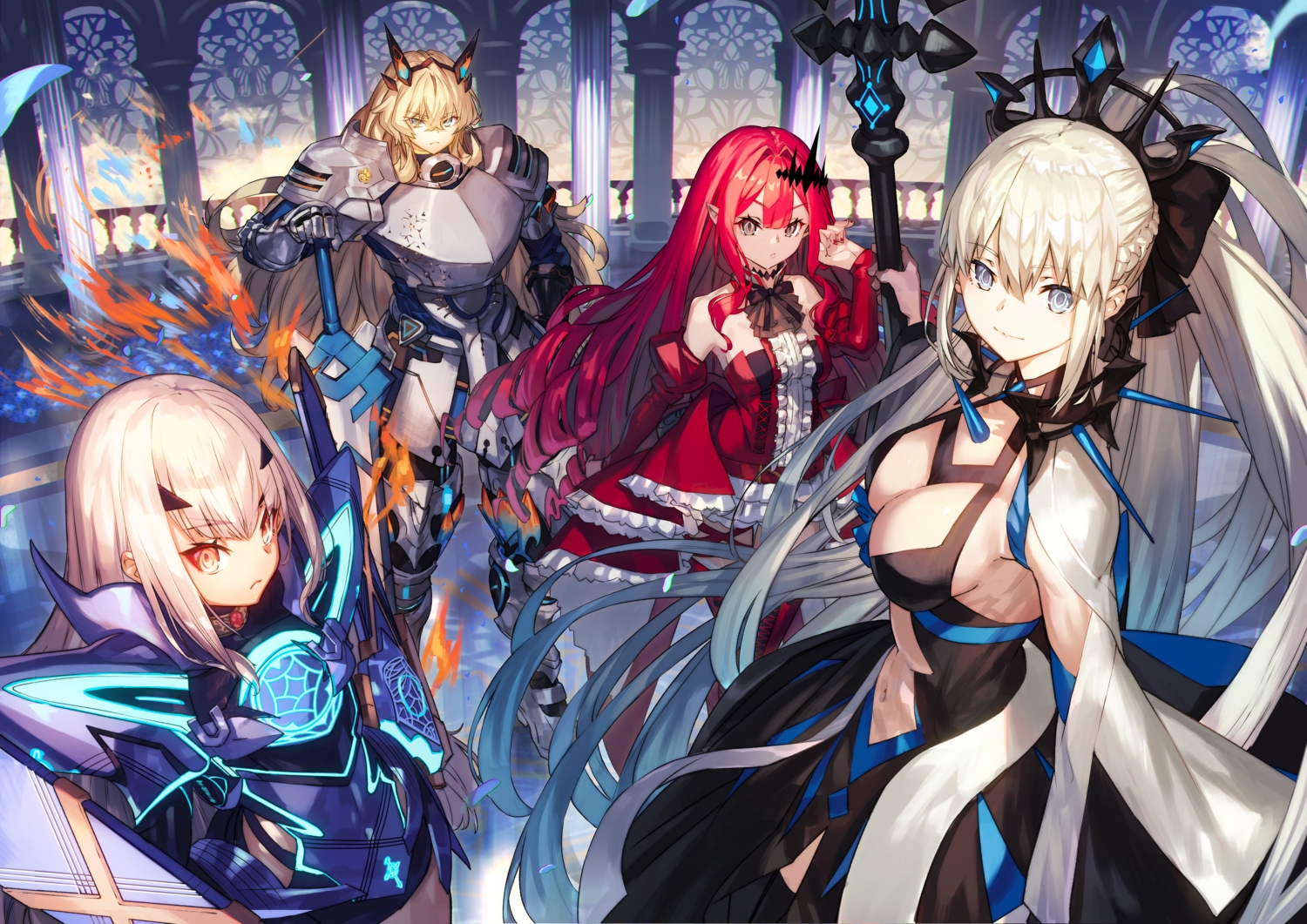 aqua_eyes, armor, baobhan_sith_(fate), barghest_(fate), blonde_hair, blue_eyes, boots, bow, breasts, brown_eyes, cleavage, dress, fairy_knight_lancelot, fate/grand_order, fate_(series), fire, garter, gray_hair, group, headdress, horns, long_hair, melusine_(fate), morgan_le_fay_(fate), nakanishi_tatsuya, navel, pointed_ears, ponytail, red_hair, sword, thighhighs, weapon, yellow_eyes