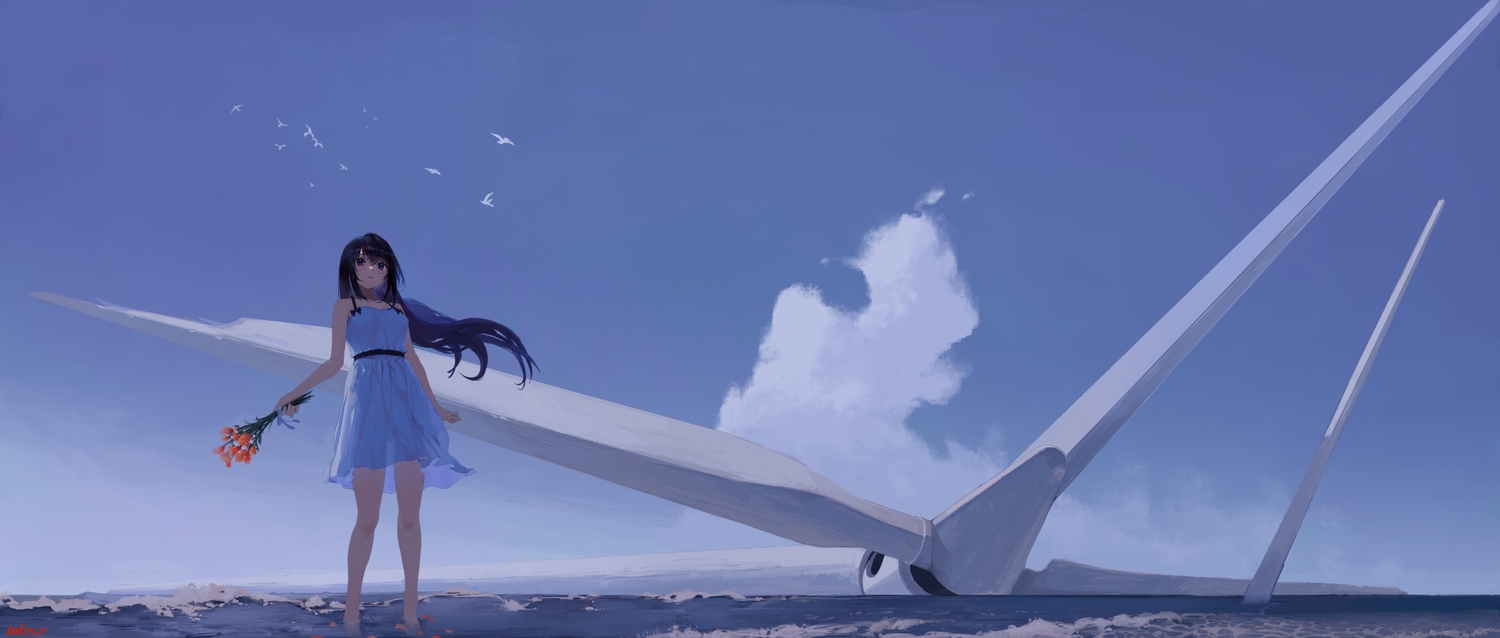 aliasing, barefoot, black_hair, clouds, dress, flowers, long_hair, marble_(marblesized), original, purple_eyes, signed, sky, summer_dress, water, windmill