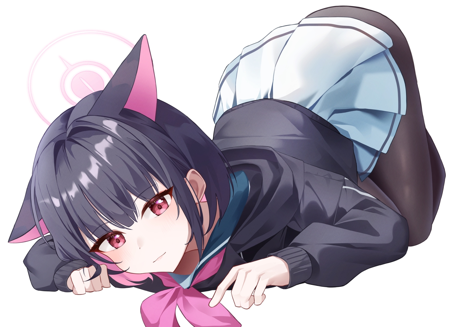 animal_ears, black_hair, blue_archive, blush, catgirl, halo, hood, k_cyp, kyouyama_kazusa, pantyhose, red_eyes, school_uniform, short_hair, skirt, white