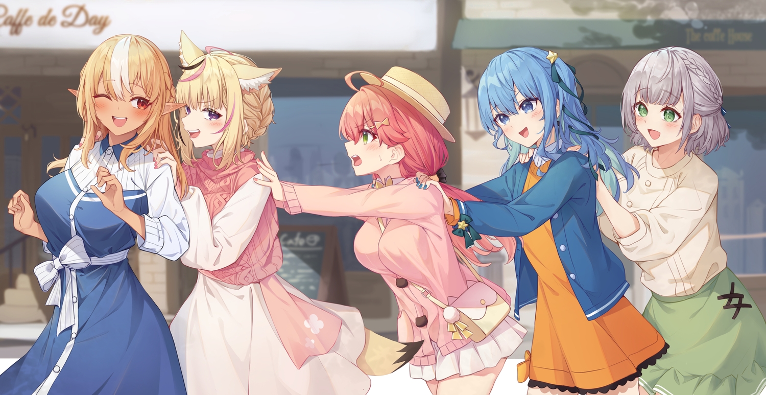animal_ears, blonde_hair, blue_eyes, blue_hair, blush, bow, braids, dark_skin, dress, foxgirl, gray_hair, green_eyes, group, hat, hololive, hoshimachi_suisei, long_hair, omaru_polka, pink_hair, pointed_ears, purple_eyes, red_eyes, ribbons, sakura_miko, shiranui_flare, shirogane_noel, short_hair, skirt, tail, tang-du, wink