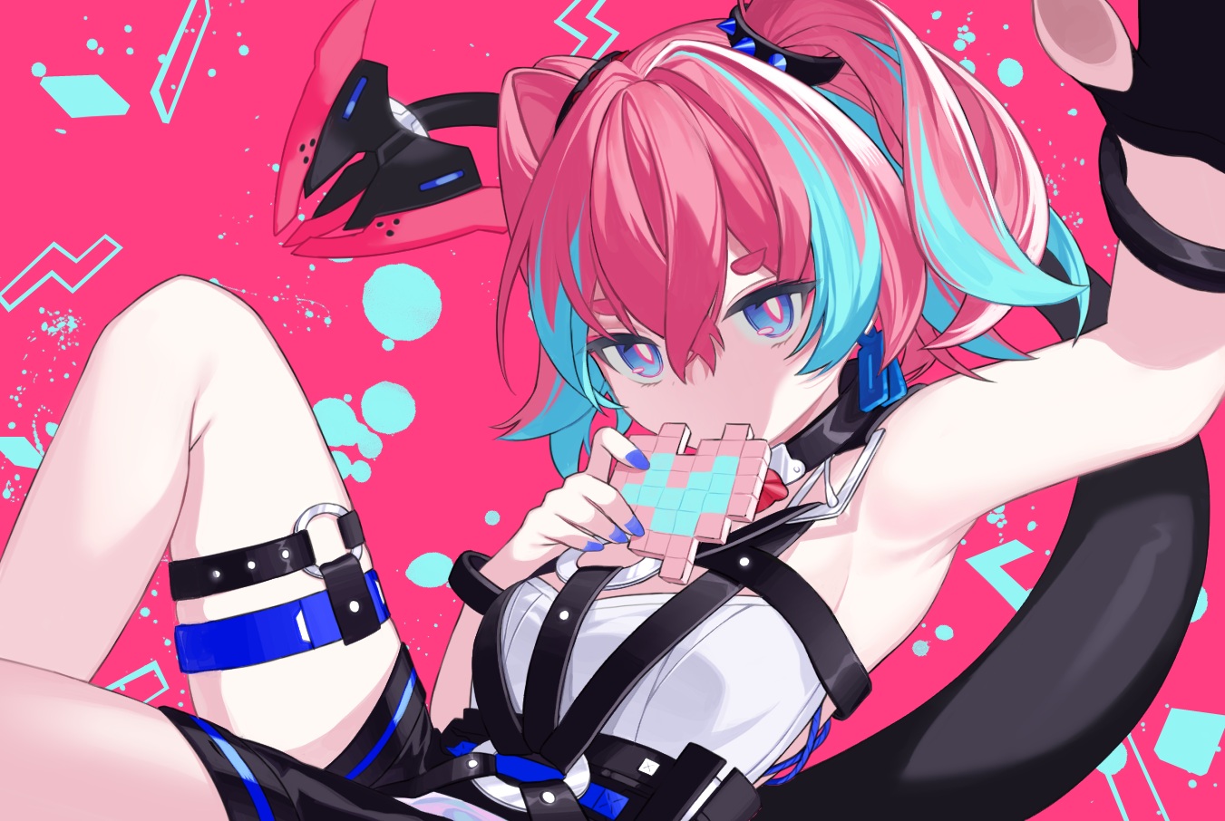blue_eyes, close, collar, garter, gloves, honkai_impact, honkai_(series), pink, pink_hair, rozaliya_olenyeva, short_hair, shorts, tail, tiko_(idadsa91), twintails, wristwear