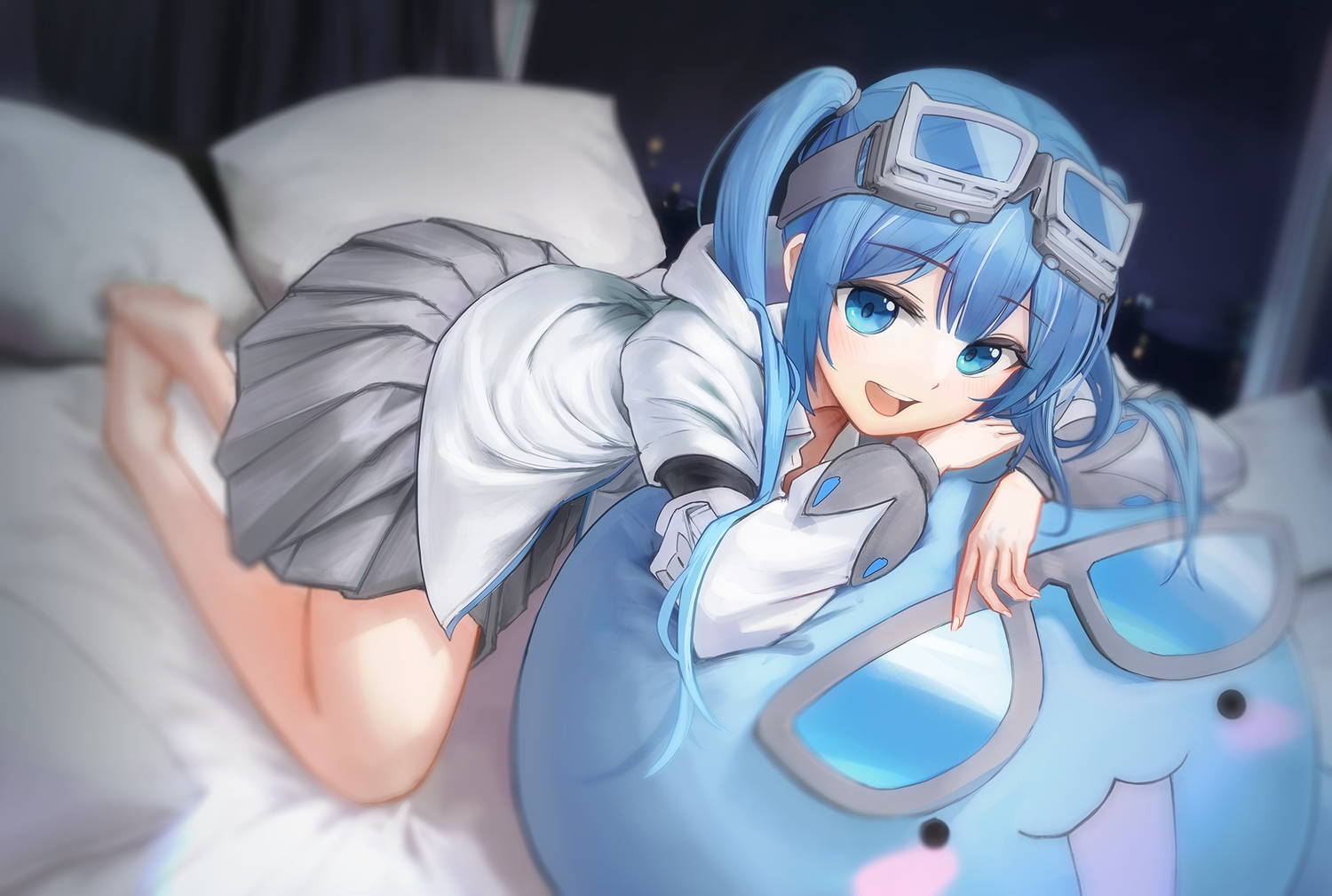 arahashi_tabi, barefoot, blue_eyes, blue_hair, blush, goggles, hood, long_hair