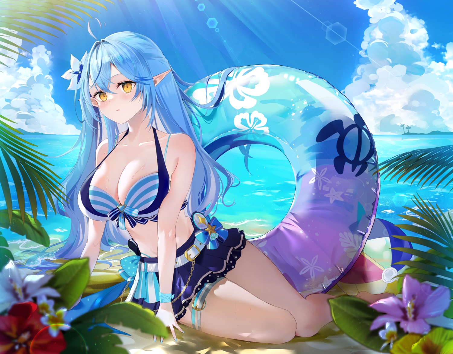 aqua_hair, aya02ka, ball, beach, bikini, blush, breast_hold, breasts, cleavage, clouds, flowers, garter, hololive, long_hair, pointed_ears, skirt, sky, swim_ring, swimsuit, wristwear, yellow_eyes, yukihana_lamy
