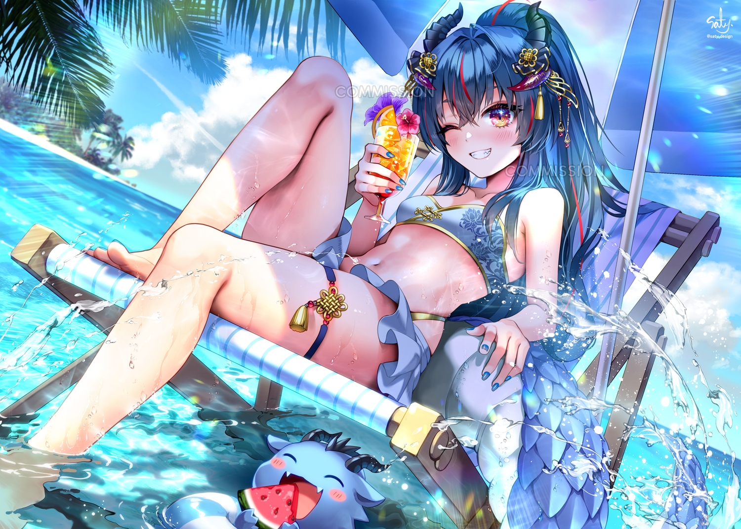 barefoot, bikini, blue_hair, blush, chinese_clothes, dragon, drink, food, fruit, garter, horns, isekai_tensei_shite_v_ni_narimashita, kohaku_wakana, last_c, long_hair, navel, ponytail, red_eyes, signed, skirt, swimsuit, tail, umbrella, water, watermark, watermelon, wink