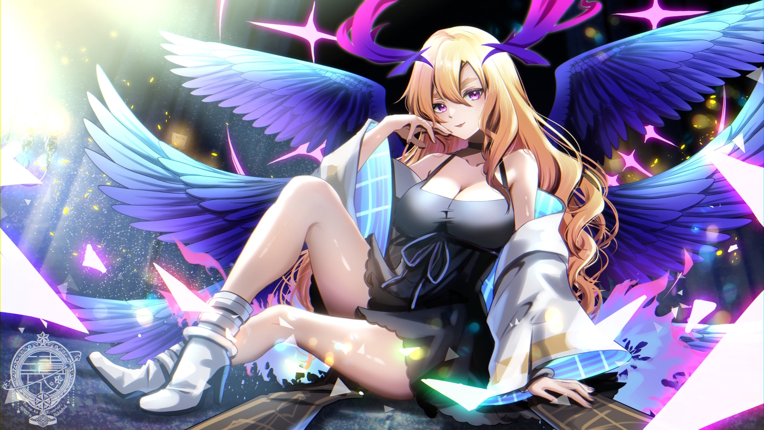blonde_hair, boots, breasts, choker, cleavage, dress, long_hair, lucifer_(monsuto)