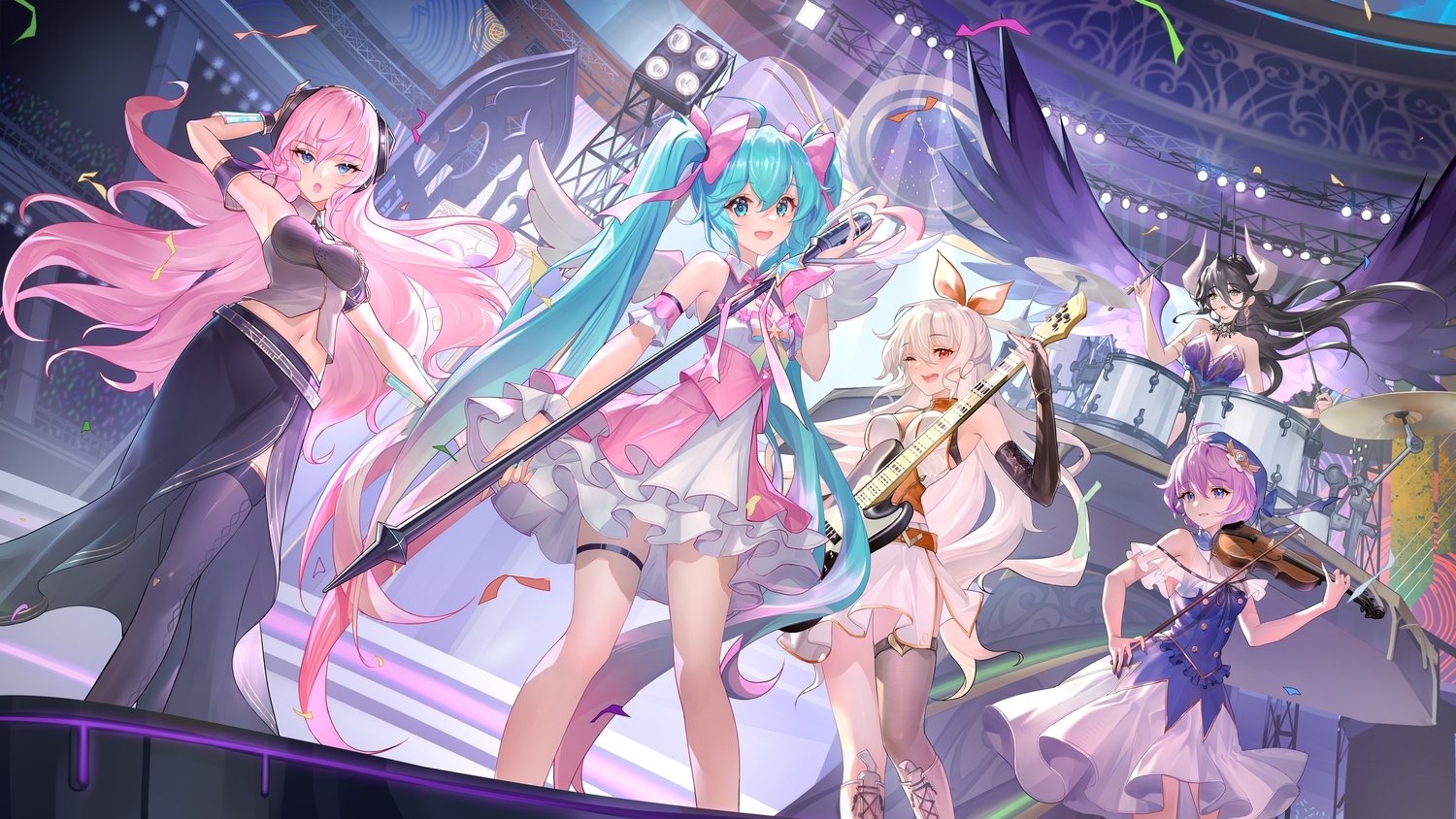 aqua_eyes, aqua_hair, black_hair, blue_eyes, boots, bow, choker, dress
