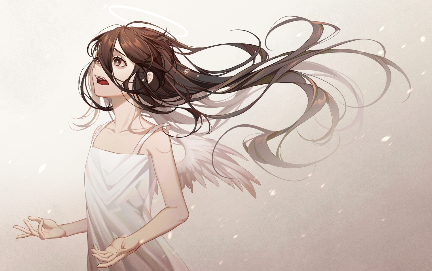 angel, brown_eyes, brown_hair, crying, dress, erchongbaojun, fang, flat_chest, gradient, halo, long_hair, original, summer_dress, tears, wings