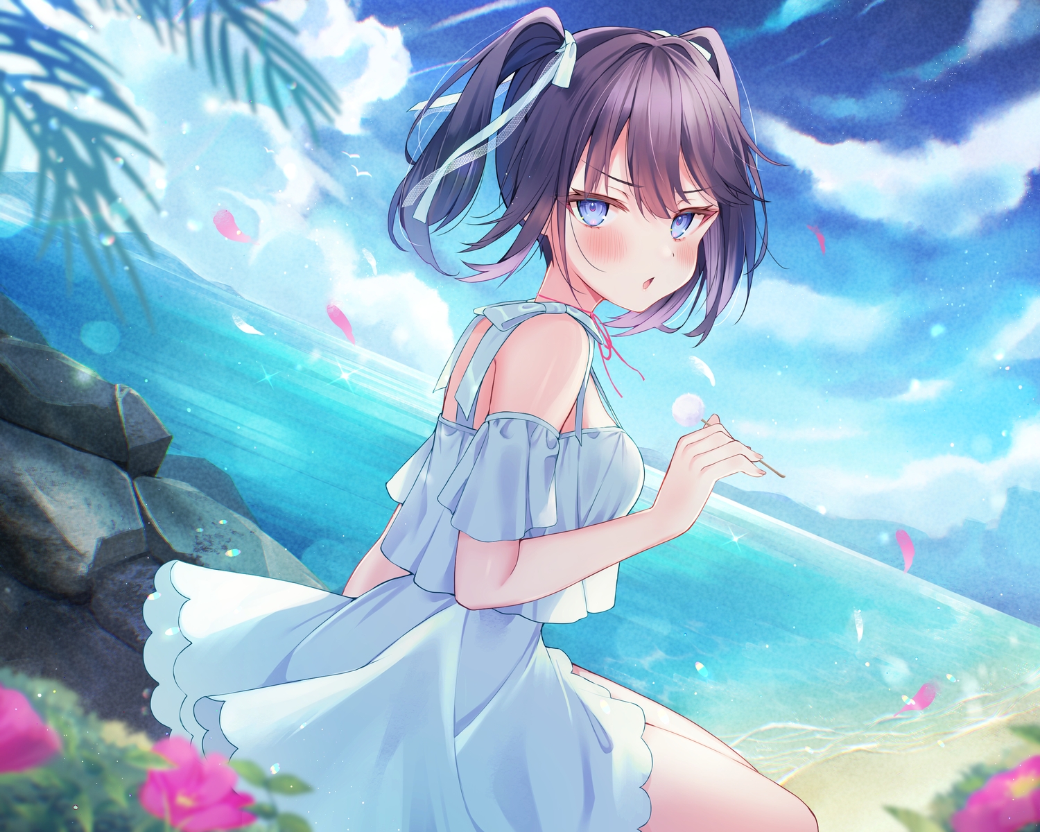 beach, black_hair, blue_eyes, blush, clouds, dress, ebihara_beniko, flowers