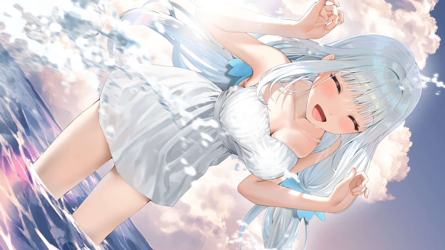aliasing, blush, breasts, cleavage, clouds, dress, gray_hair, kagura_gumi