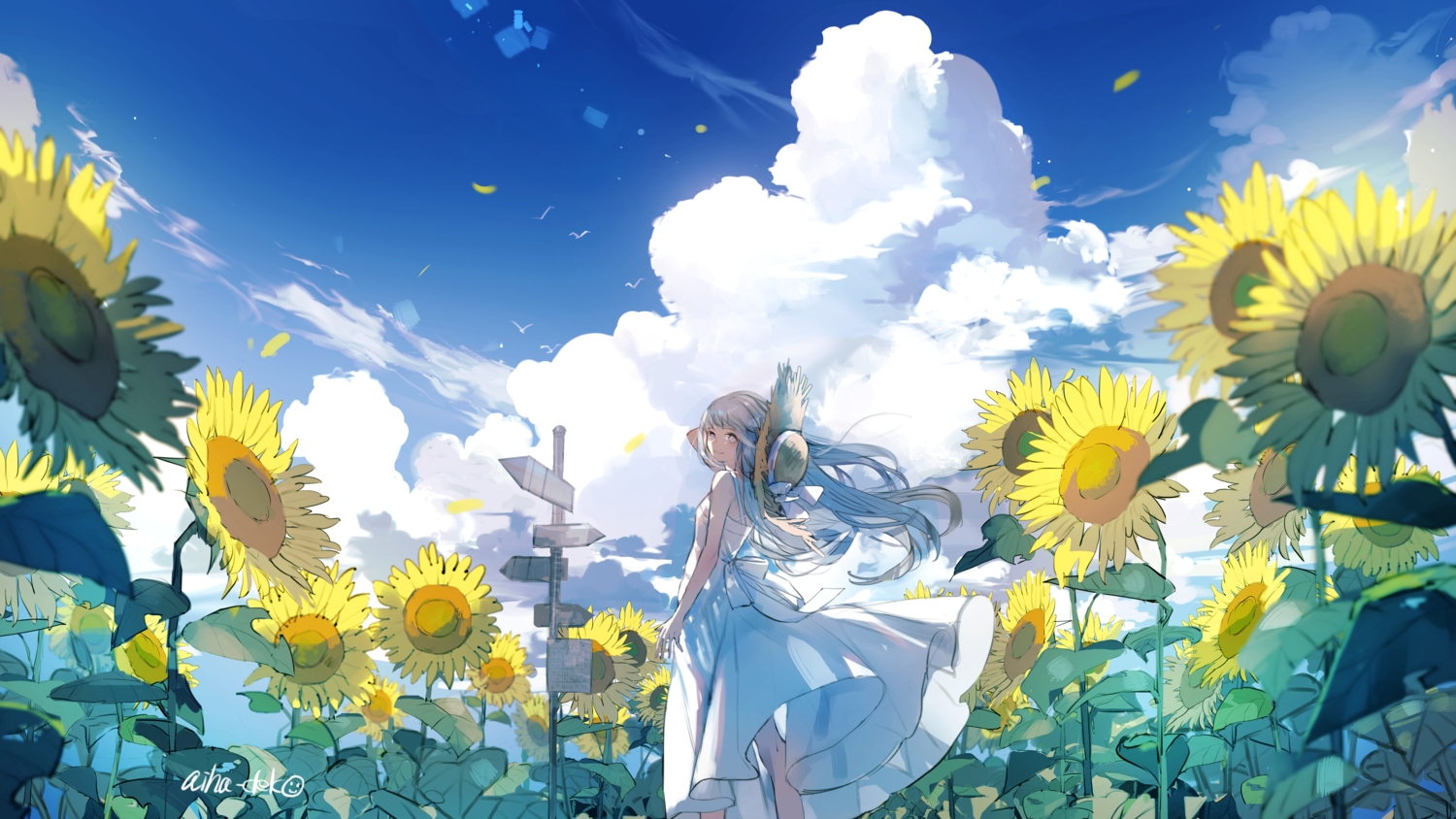aiha-deko, bow, clouds, dress, flat_chest, flowers, gray_hair, hat, leaves, long_hair, original, purple_eyes, signed, skirt_lift, sky, summer, summer_dress, sunflower