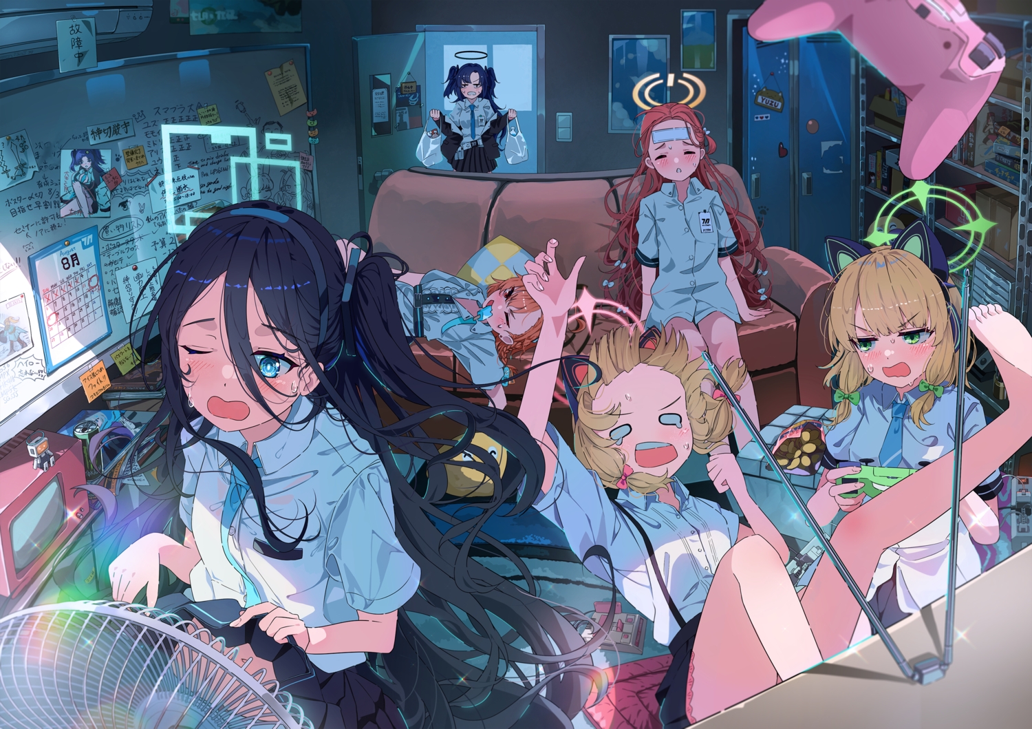 animal_ears, aqua_eyes, barefoot, black_hair, blonde_hair, blue_archive, blue_hair, blush, bow, braids, fan, food, game_console, green_eyes, group, halo, hanaoka_yuzu, hayase_yuuka, headphones, loli, long_hair, mikamo_neru, orange_hair, panties, paper, ponytail, popsicle, red_eyes, red_hair, saiba_midori, saiba_momoi, sakatsuki_yakumo, school_uniform, shirt, short_hair, skirt_lift, summer, tendou_arisu_(blue_archive), tie, twins, twintails, underwear, wink