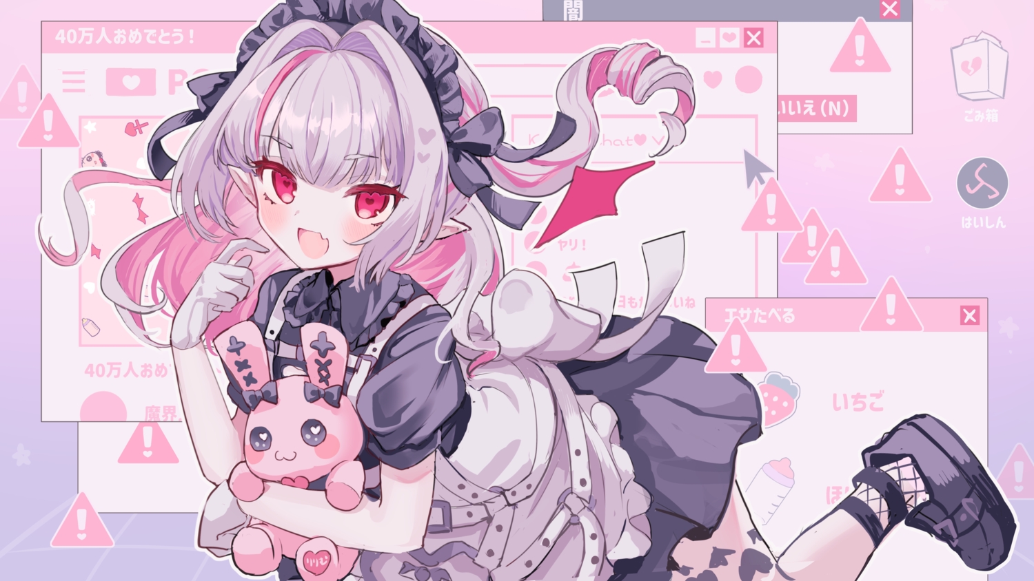 blush, bow, bunny, demon, fang, gloves, gray_hair, headdress