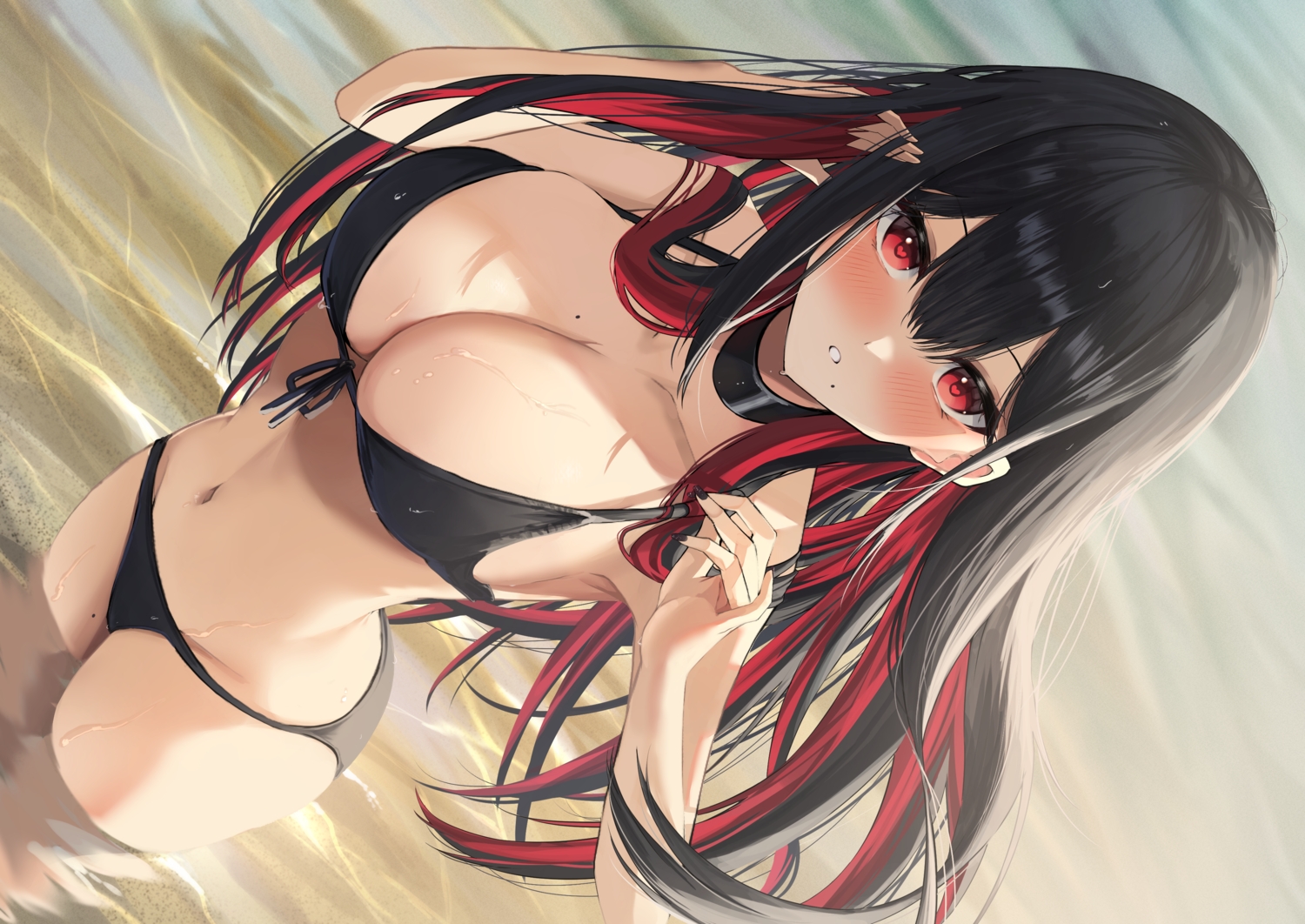 amane_sora, bikini, black_hair, blush, breasts, choker, cleavage, close, long_hair, navel, original, red_eyes, swimsuit, water, wet