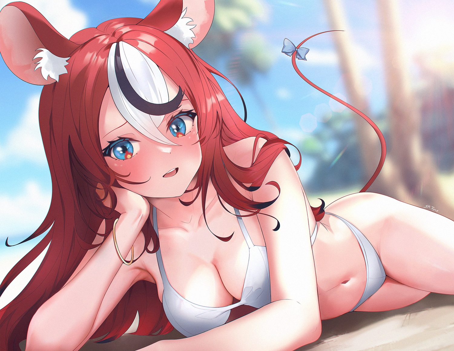 animal_ears, bikini, blue_eyes, bow, breasts, cleavage, close, clouds, hakos_baelz, hololive, long_hair, mousegirl, navel, red_hair, signed, sk_jynx, sky, swimsuit, tail, tree, wristwear