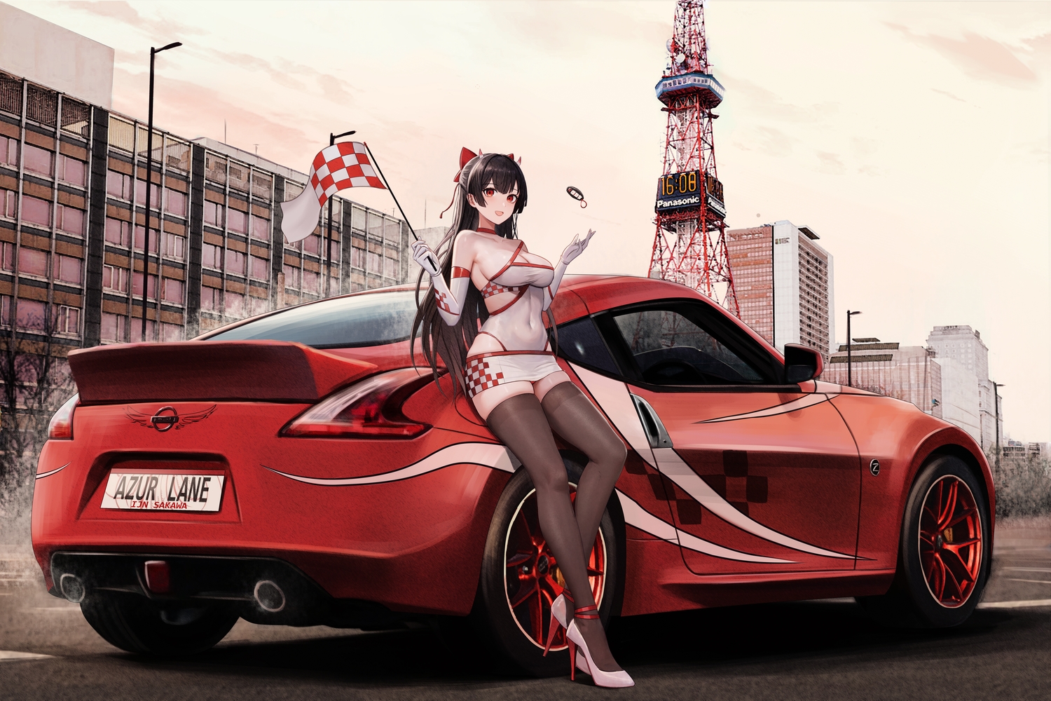 anthropomorphism, azur_lane, black_hair, breasts, building, car, city, cleavage