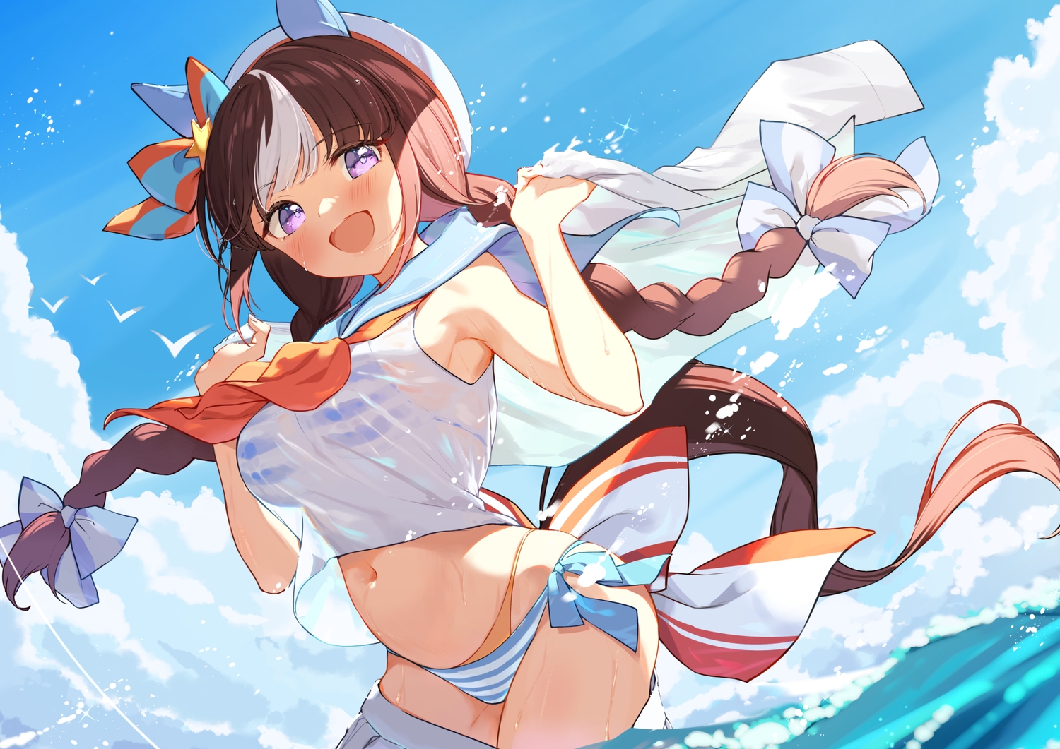 animal_ears, anthropomorphism, bikini, blush, bow, braids, brown_hair, clouds