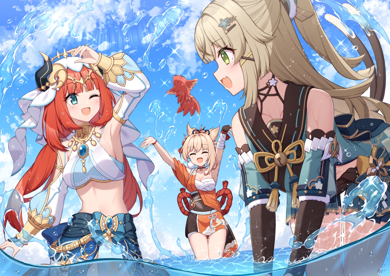 animal, aqua_eyes, bell, blonde_hair, blush, bow, breasts, brown_hair