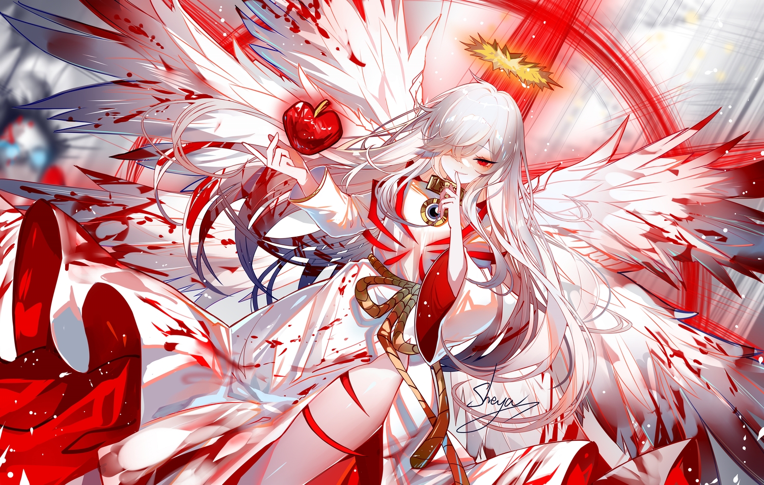 anthropomorphism, apple, blood, choker, food, fruit, halo, lobotomy_corporation, long_hair, project_moon, red_eyes, sheya, signed, white_hair, whitenight_(project_moon), wings