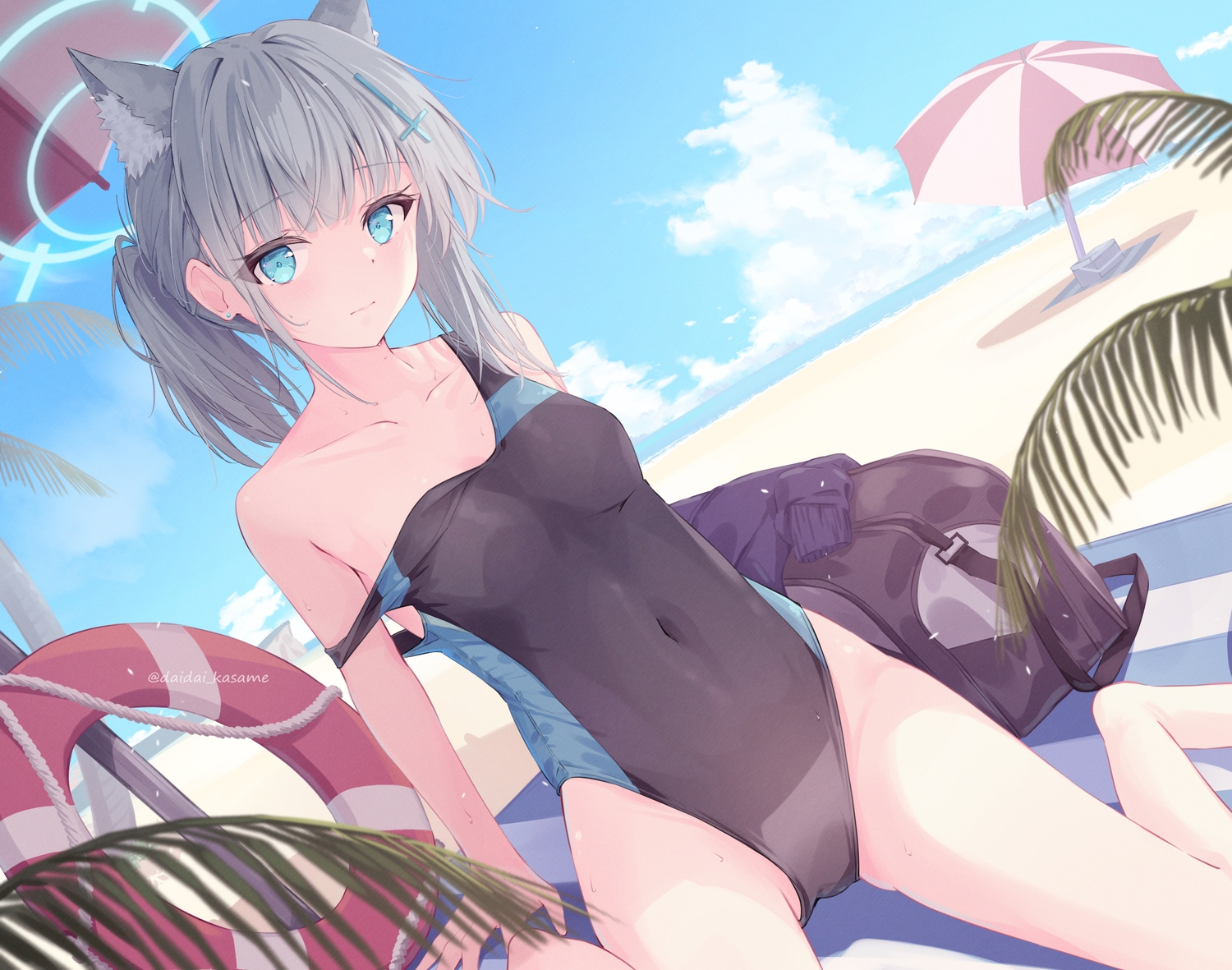 animal_ears, aqua_eyes, beach, blue_archive, blush, clouds, daidai_(daidai826), gray_hair, sky, sunaookami_shiroko, swim_ring, swimsuit, umbrella, water, watermark, wolfgirl