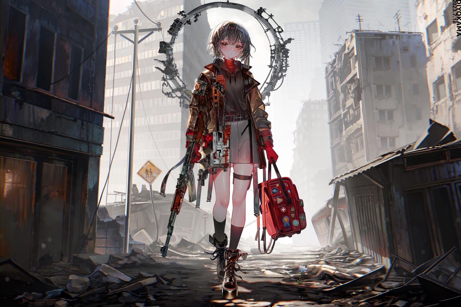 black_hair, boots, building, city, diyokama, garter, gun, hood, kneehighs, original, red_eyes, ruins, short_hair, skirt, weapon