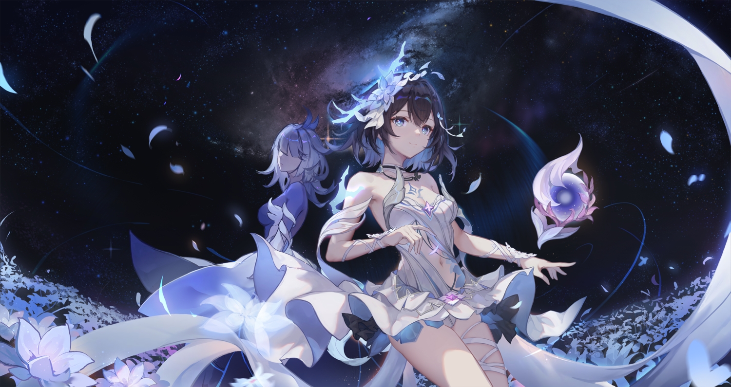 2girls, black_hair, blue_eyes, choker, dress, flowers, garter, honkai_impact