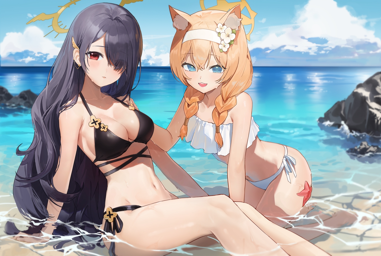 2girls, airi_(ugpv2858), animal_ears, aqua_eyes, bikini, black_hair, blue_archive, blush