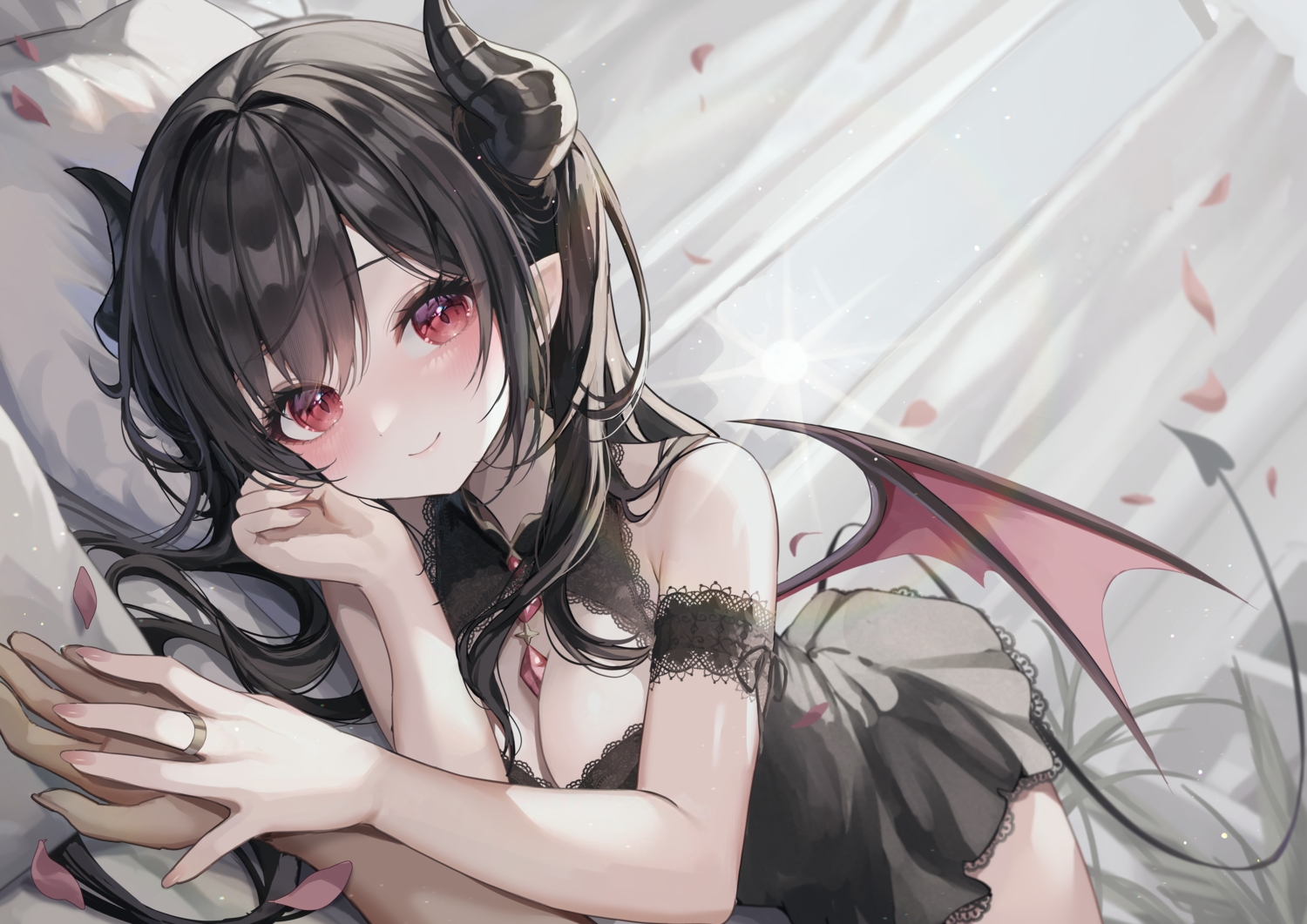 bed, black_hair, blush, breasts, cleavage, demon, dress, horns, kudo_eru, long_hair, original, petals, pointed_ears, red_eyes, succubus, tail, wings