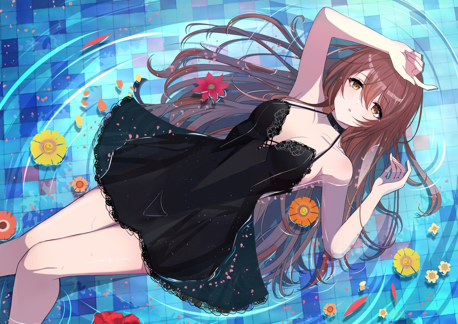 breasts, brown_hair, choker, cleavage, dress, flowers, idolmaster, idolmaster_shiny_colors, long_hair, oosaki_tenka, petals, pool, sideboob, sikimosh, water, yellow_eyes