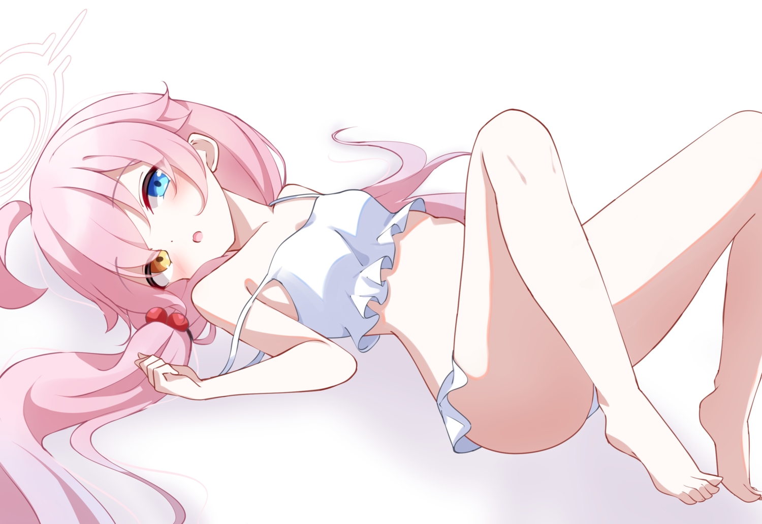 barefoot, bicolored_eyes, bikini, blue_archive, blush, halo, kabocya_na, loli, long_hair, pink_hair, swimsuit, takanashi_hoshino, twintails, white