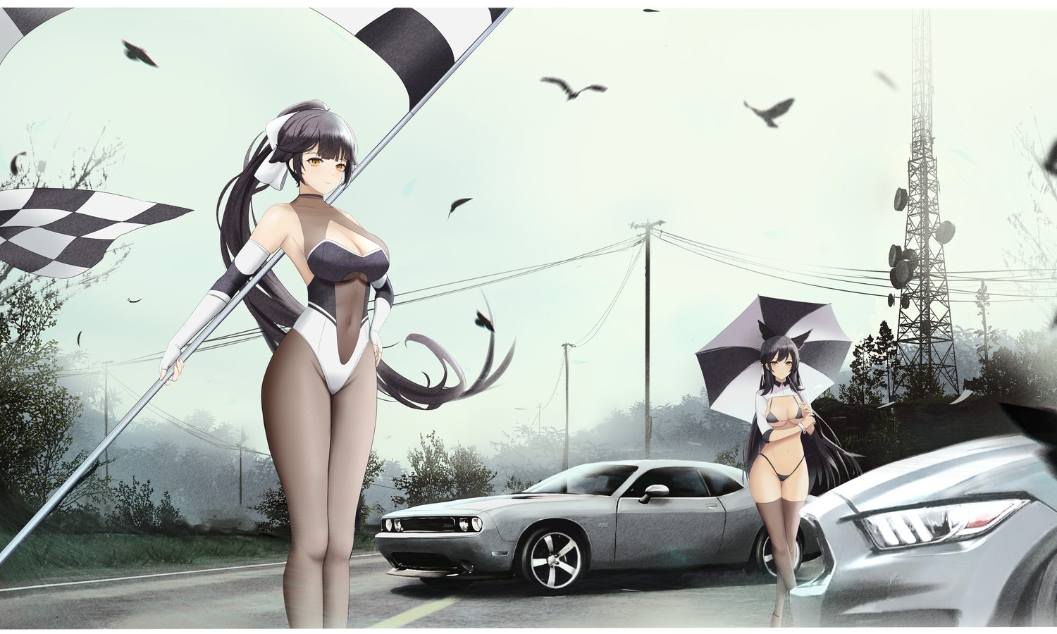2girls, anthropomorphism, atago_(azur_lane), azur_lane, black_hair, brown_eyes, car, doggirl, forest, gloves, kcar66t, long_hair, pantyhose, ponytail, takao_(azur_lane), thighhighs, tree
